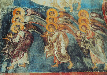Ангельские чины Ангелы, Силы и Начала. Роспись ц. Митрополии в Мистре. Ок. 1312 г.